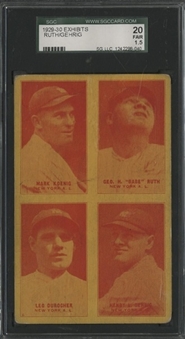 1929-30 Exhibits "Four-on-One" Babe Ruth, Lou Gehrig, Leo Durocher (Rookie Year) and Mark Koenig Arcade Card with PC Back (Unused) – SGC 20 FR 1.5
